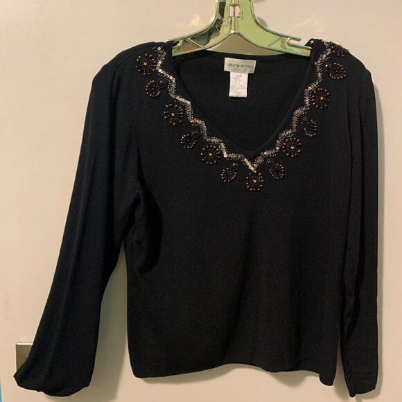 Veronique Miljkovitch skirt, EUC, black knit, gold, sz s, pull on, knee  length - Picture 9 of 16